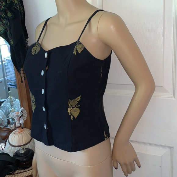 Vintage 90s black gold mother of pearl button cami tank top S - Picture 8 of 11